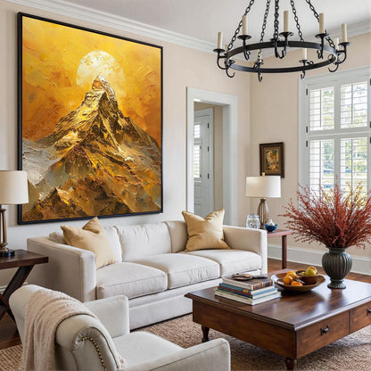Golden Mountain Sunset Painting On Canvas, Large Textured Landscape Painting, Modern Gold Wall Art, Abstract Sunrise Art, Liv