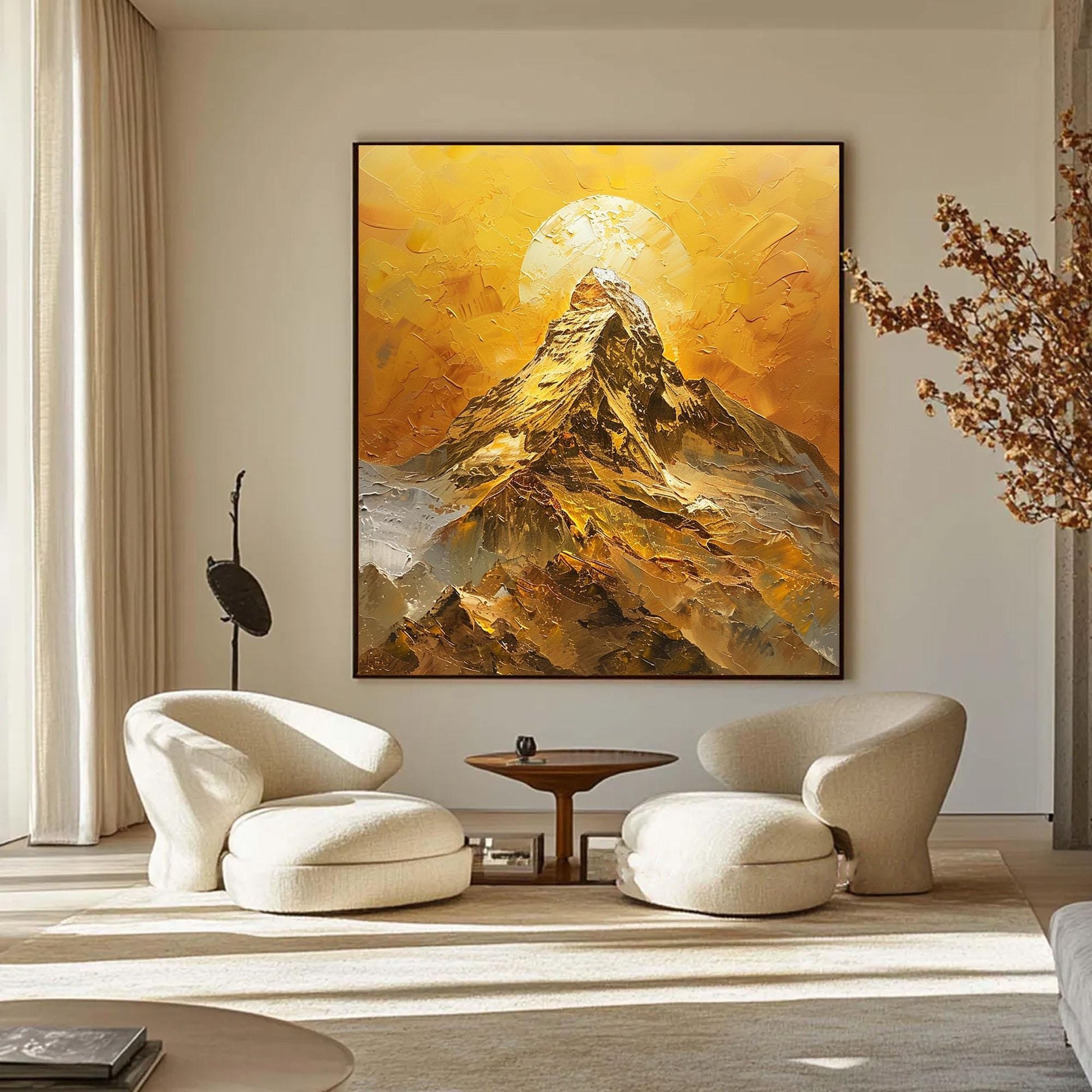 Golden Mountain Sunset Painting On Canvas, Large Textured Landscape Painting, Modern Gold Wall Art, Abstract Sunrise Art, Liv