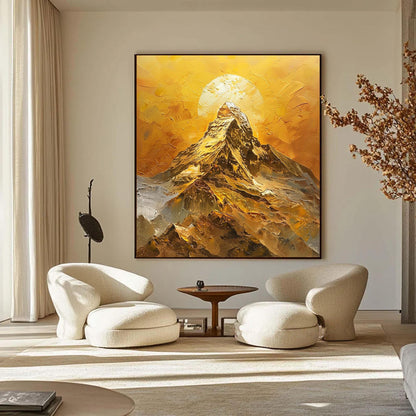 Golden Mountain Sunset Painting On Canvas, Large Textured Landscape Painting, Modern Gold Wall Art, Abstract Sunrise Art, Liv