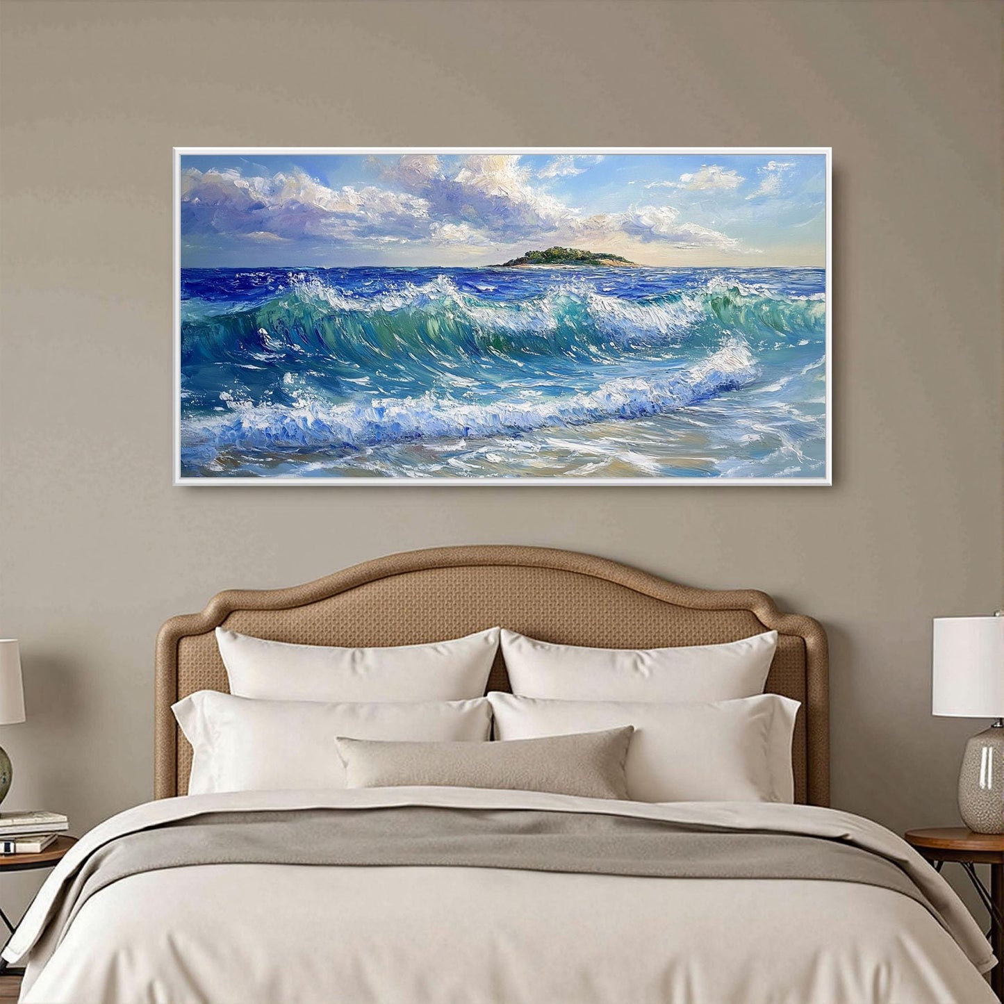 Textured Ocean Waves Painting, Coastal Island Seascape Canvas Art – Blue Ocean Wave Seascape Wall Art | Palette Knife Paintin