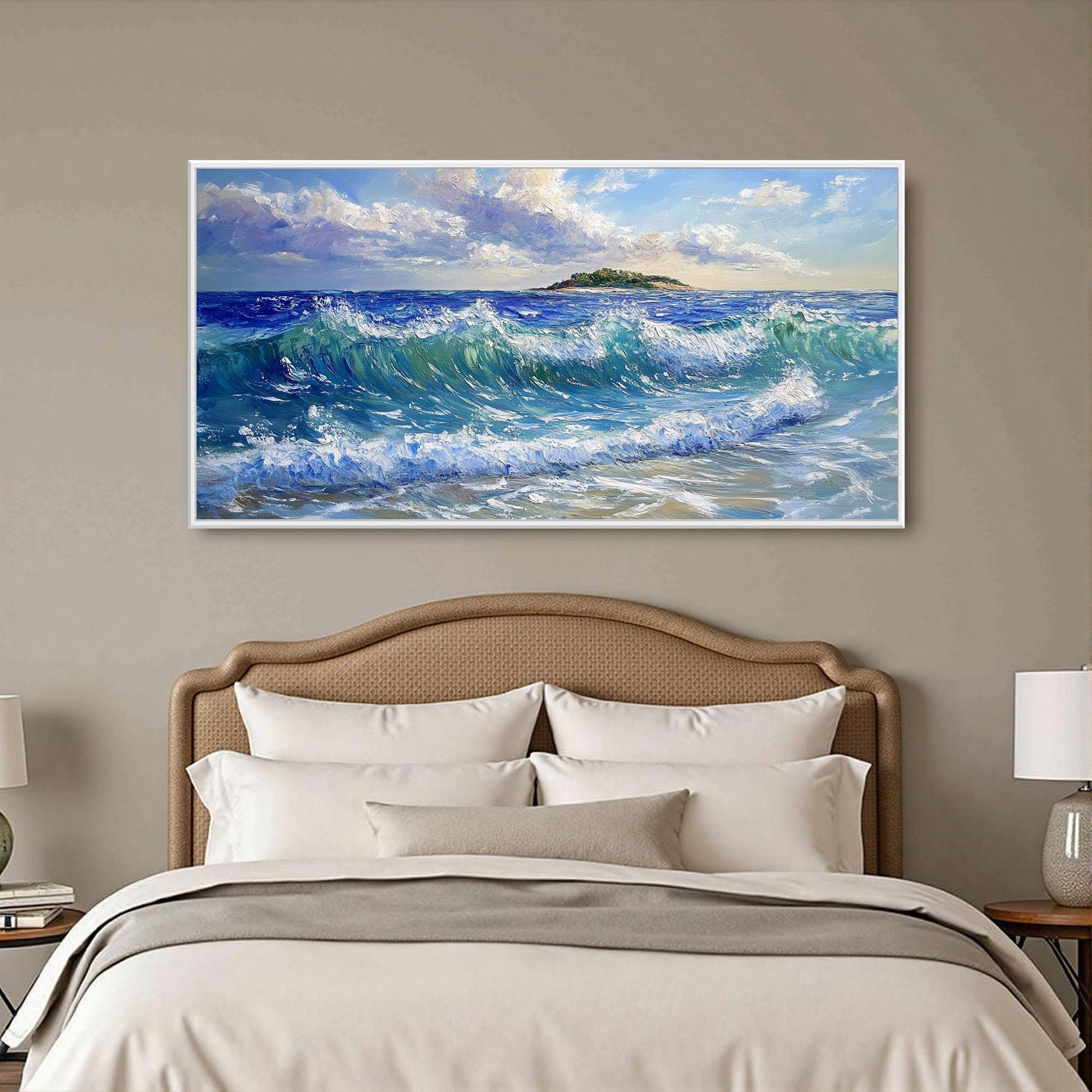 Textured Ocean Waves Painting, Coastal Island Seascape Canvas Art – Blue Ocean Wave Seascape Wall Art | Palette Knife Paintin