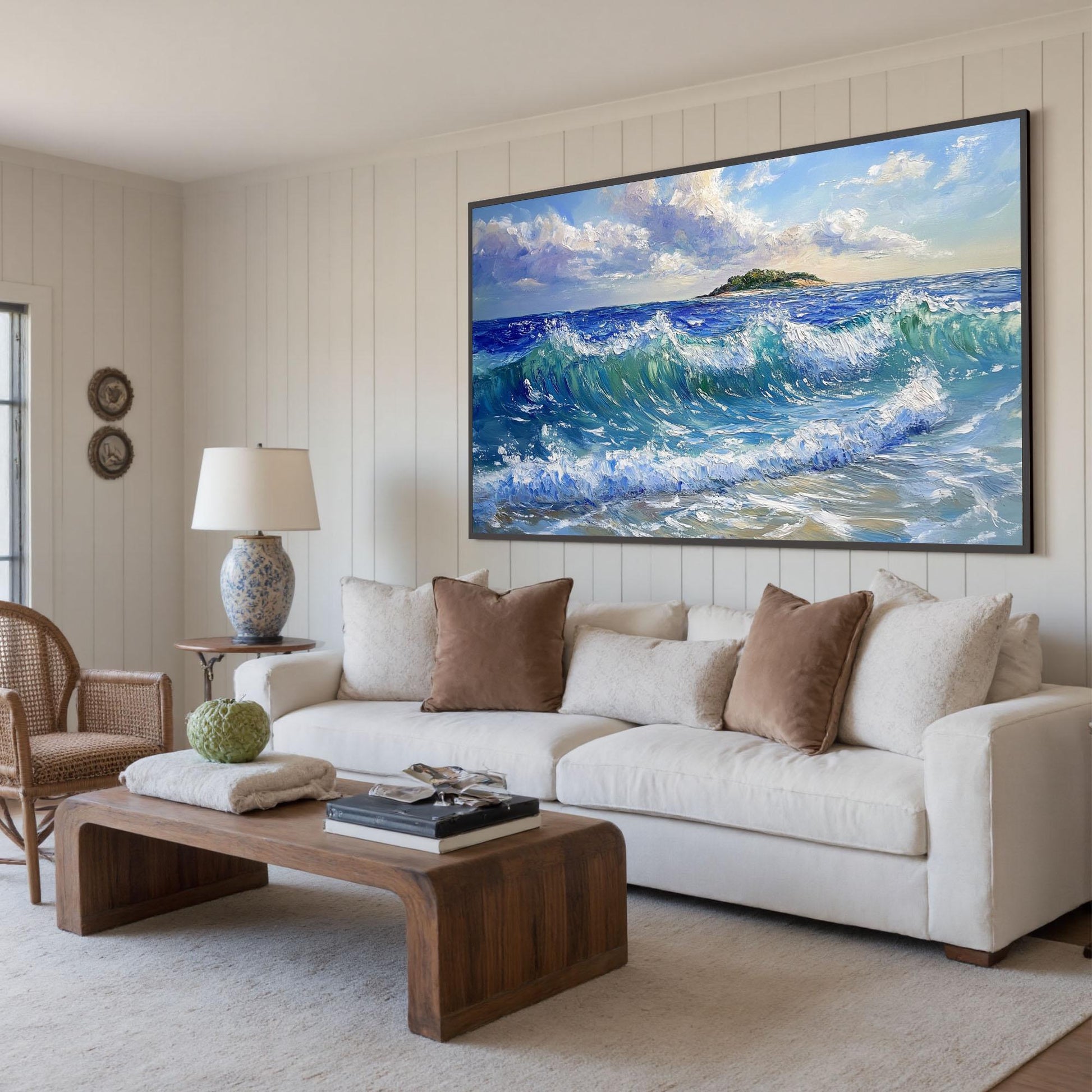 Textured Ocean Waves Painting, Coastal Island Seascape Canvas Art – Blue Ocean Wave Seascape Wall Art | Palette Knife Paintin