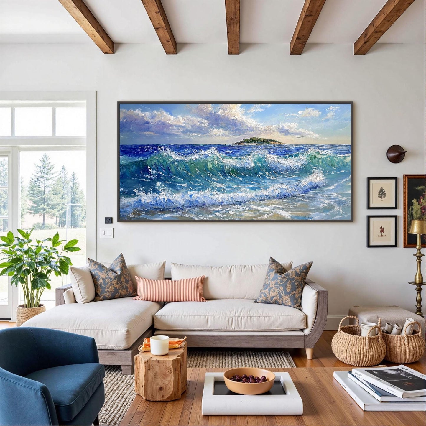 Textured Ocean Waves Painting, Coastal Island Seascape Canvas Art – Blue Ocean Wave Seascape Wall Art | Palette Knife Paintin