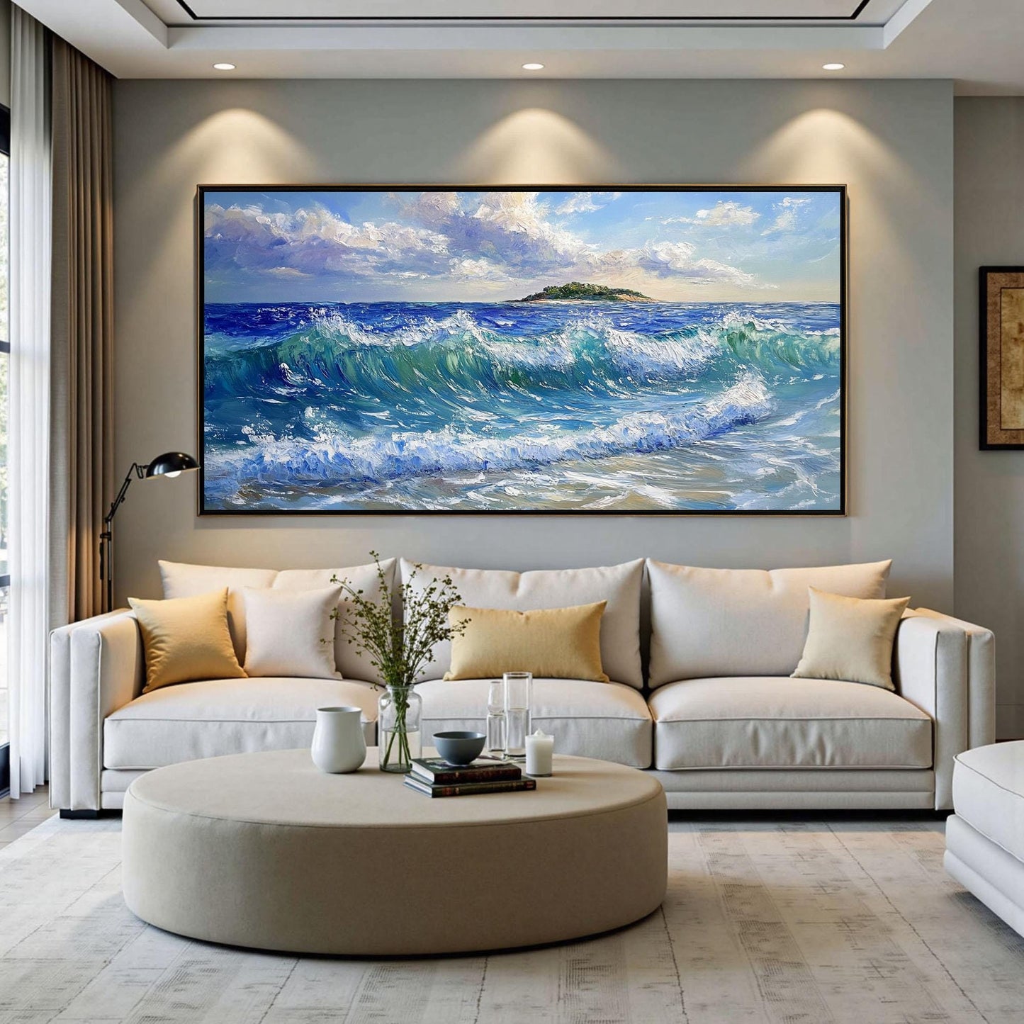 Textured Ocean Waves Painting, Coastal Island Seascape Canvas Art – Blue Ocean Wave Seascape Wall Art | Palette Knife Paintin