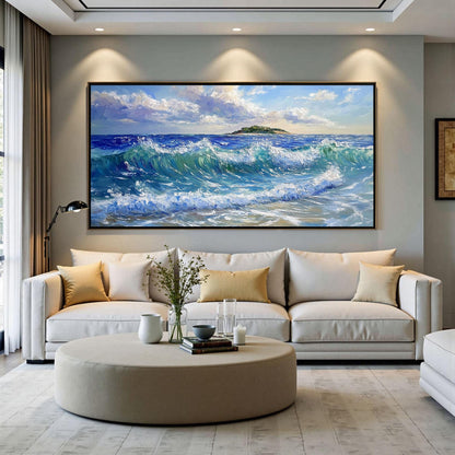 Textured Ocean Waves Painting, Coastal Island Seascape Canvas Art – Blue Ocean Wave Seascape Wall Art | Palette Knife Paintin