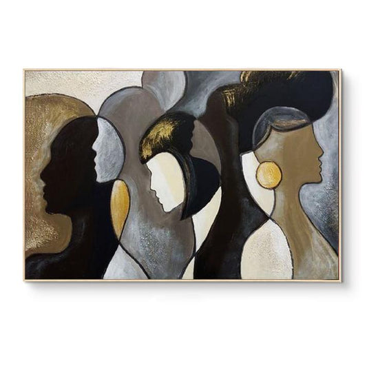 May include: Abstract art painting featuring stylized profiles in shades of black, gold, and brown. The artwork is framed in a gold-colored frame. The painting has a modern aesthetic and a neutral color palette.