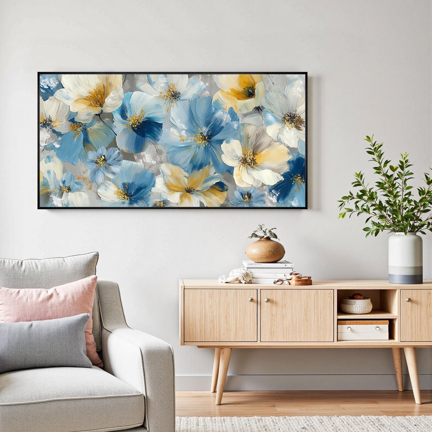 Blue and Yellow Abstract Floral Wall Art – Hand Painted