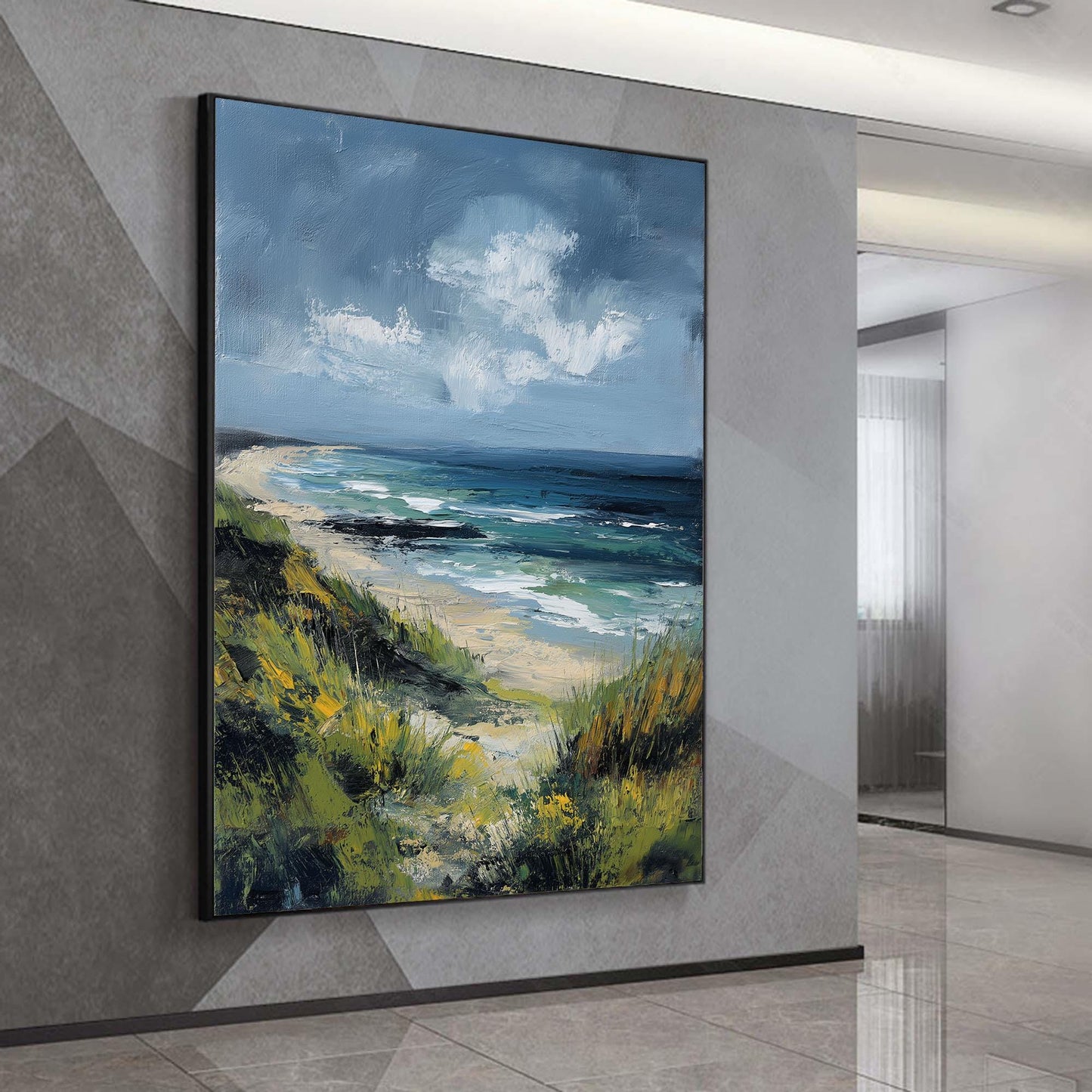 Abstract Coastal Seascape Oil Painting, Textured Green Blue Beach Canvas Wall Art – Blue and Green Beach Seascape Wall Art | 