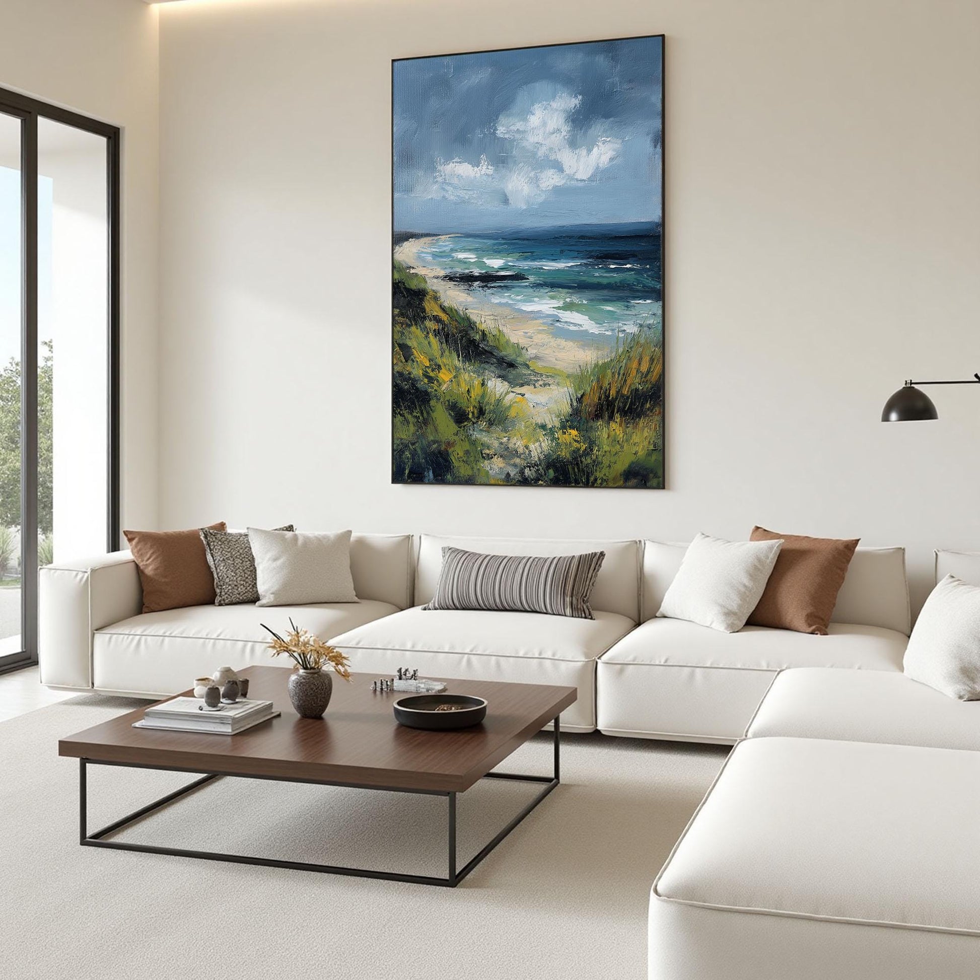 Abstract Coastal Seascape Oil Painting, Textured Green Blue Beach Canvas Wall Art – Blue and Green Beach Seascape Wall Art | 
