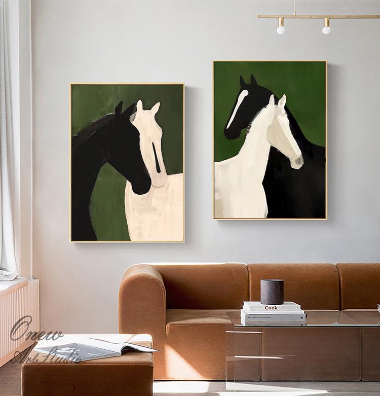Abstract Black and White Horses Oil Painting on Canvas, Large Original Horse Canvas Wall Art, Modern Animal Wall Art for Living Room Bedroom