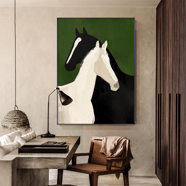 Abstract Black and White Horses Oil Painting on Canvas, Large Original Horse Canvas Wall Art, Modern Animal Wall Art for Living Room Bedroom