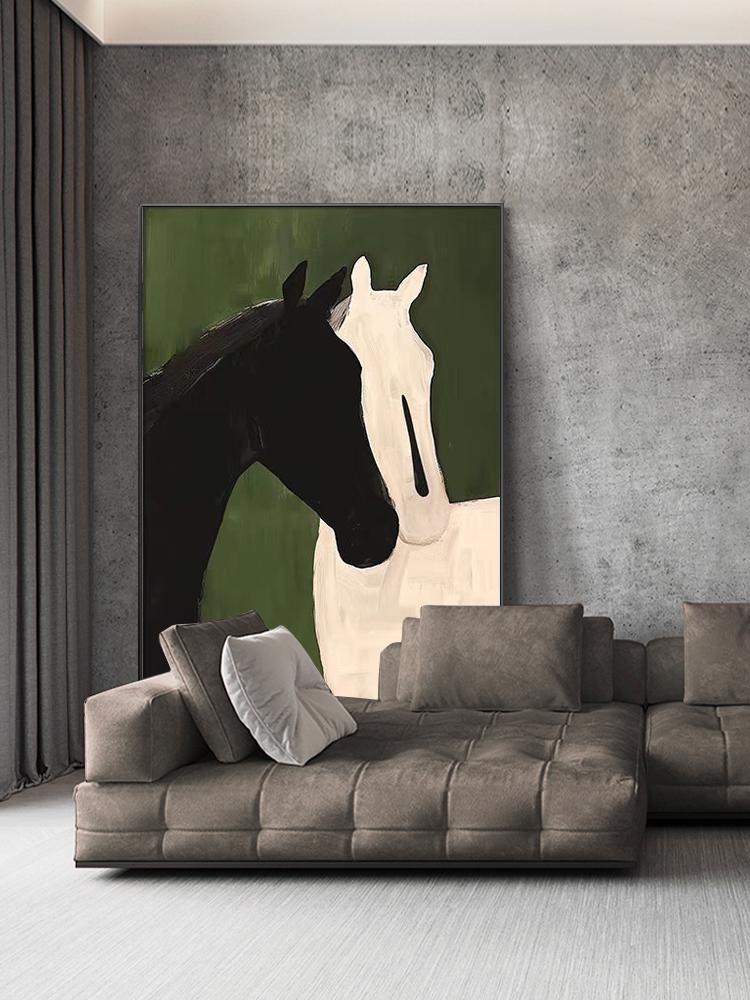 Abstract Black and White Horses Oil Painting on Canvas, Large Original Horse Canvas Wall Art, Modern Animal Wall Art for Living Room Bedroom