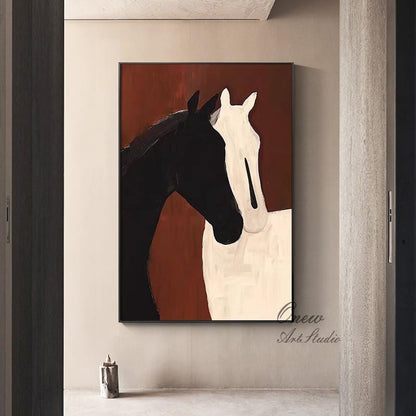 Abstract Black and White Horses Oil Painting on Canvas, Large Original Horse Canvas Wall Art, Modern Animal Wall Art for Living Room Bedroom