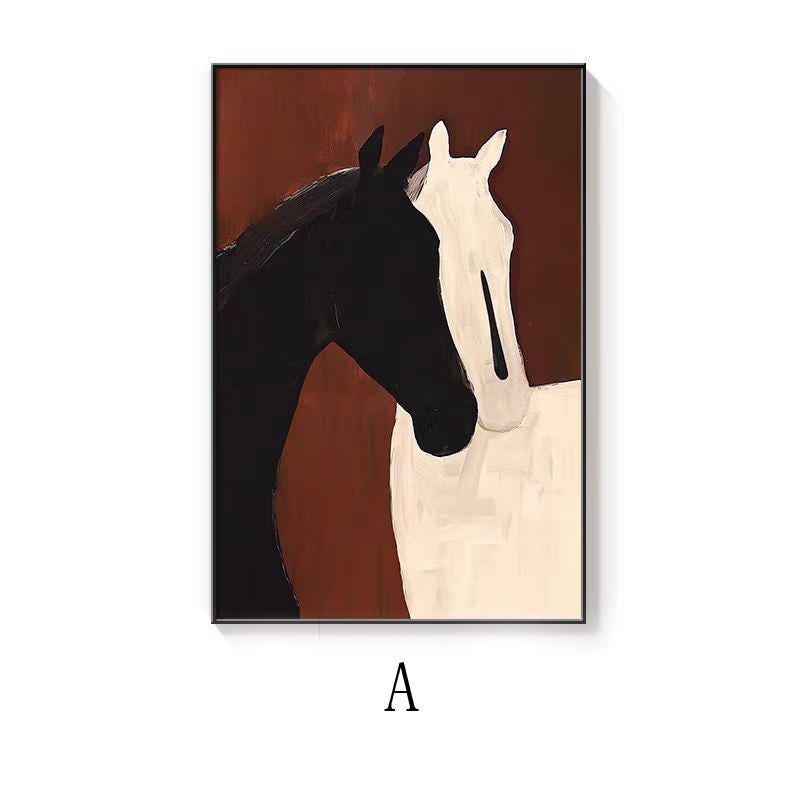 Abstract Black and White Horses Oil Painting on Canvas, Large Original Horse Canvas Wall Art, Modern Animal Wall Art for Living Room Bedroom