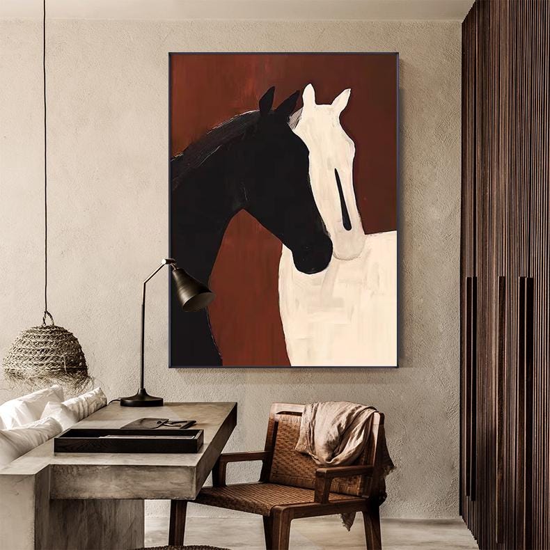 Abstract Black and White Horses Oil Painting on Canvas, Large Original Horse Canvas Wall Art, Modern Animal Wall Art for Living Room Bedroom