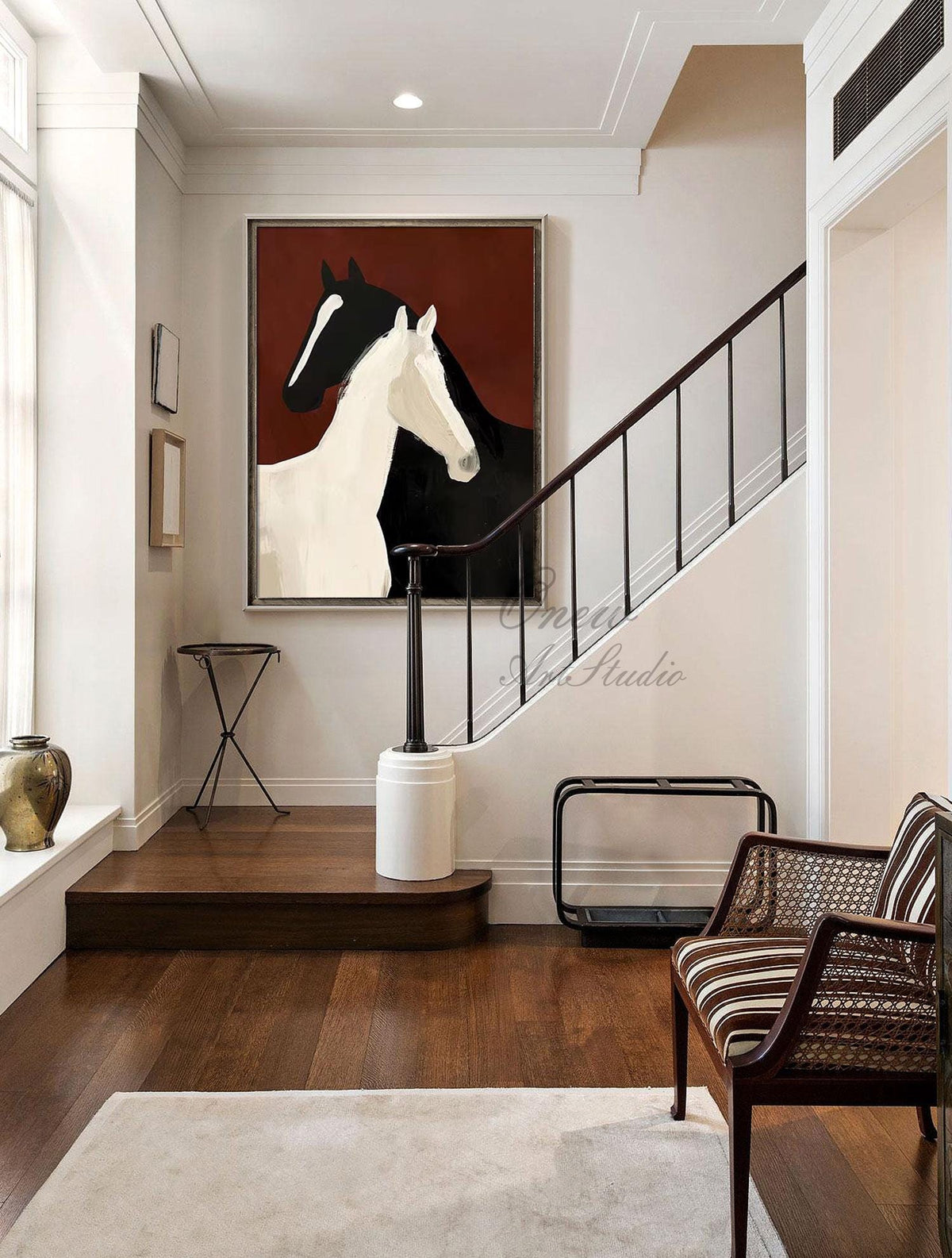Abstract Black and White Horses Oil Painting on Canvas, Large Original Horse Canvas Wall Art, Modern Animal Wall Art for Living Room Bedroom
