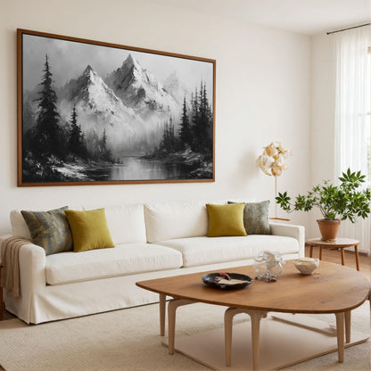 Monochrome Mountain – Forest Tree Wall Art | Minimalist Textured Oil Painting, view 4