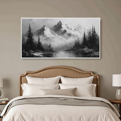 Monochrome Mountain Tree Wall Art – Textured Forest Landscape Oil Painting