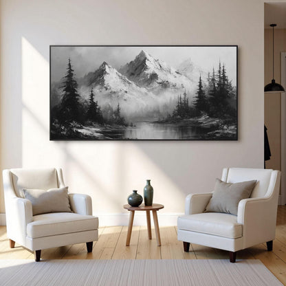 Monochrome Mountain Tree Wall Art – Textured Forest Landscape Oil Painting