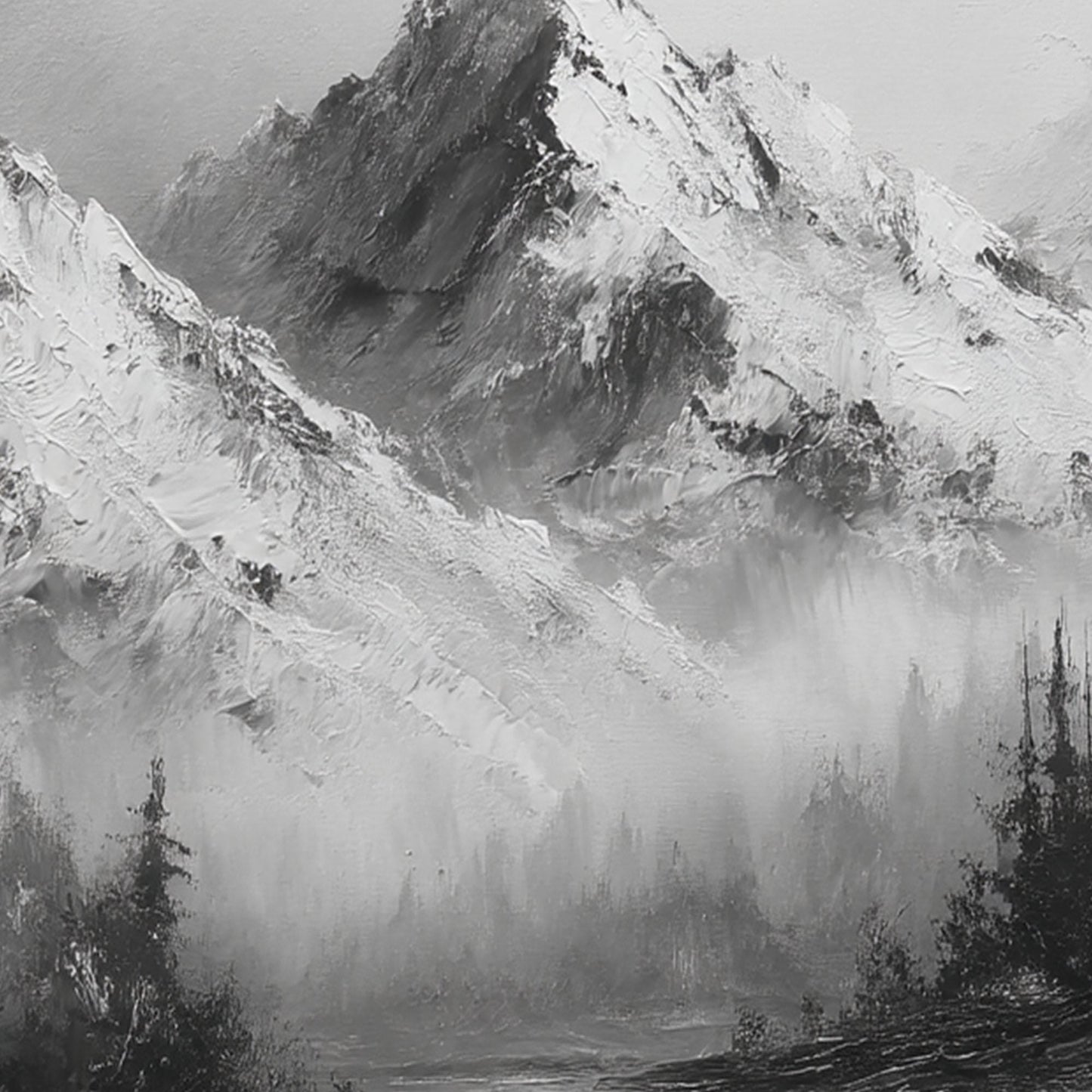 Monochrome Mountain – Forest Tree Wall Art | Minimalist Textured Oil Painting, view 3