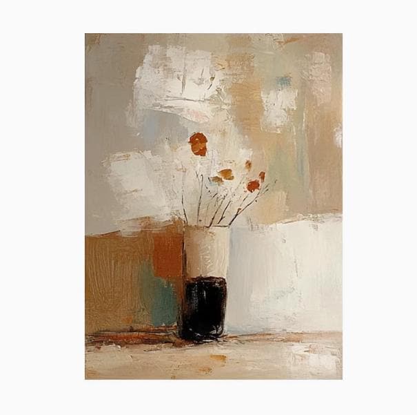 May include: Abstract painting of a vase with flowers. The vase is white and black, holding several stems with orange and yellow flowers. The background features neutral tones of beige, white, and brown, with visible brushstrokes.