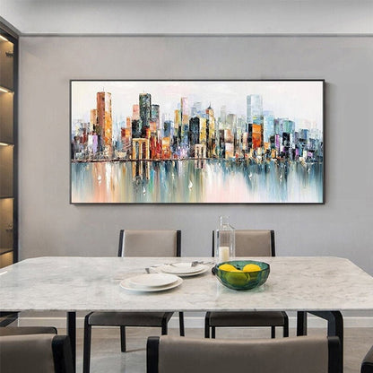 Abstract Cityscape Oil Painting, Large Colorful Urban Canvas Art – Colorful Urban Abstract City Architecture Wall Art | Hand-