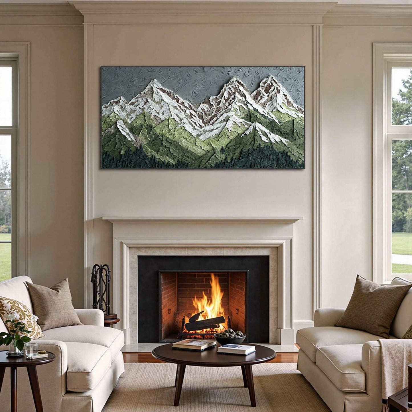 Textured Peaks Landscape Oil Painting, Abstract Mountain Canvas Art, Framed Wall Decor – Green Valley Landscape Wall Art | Ab
