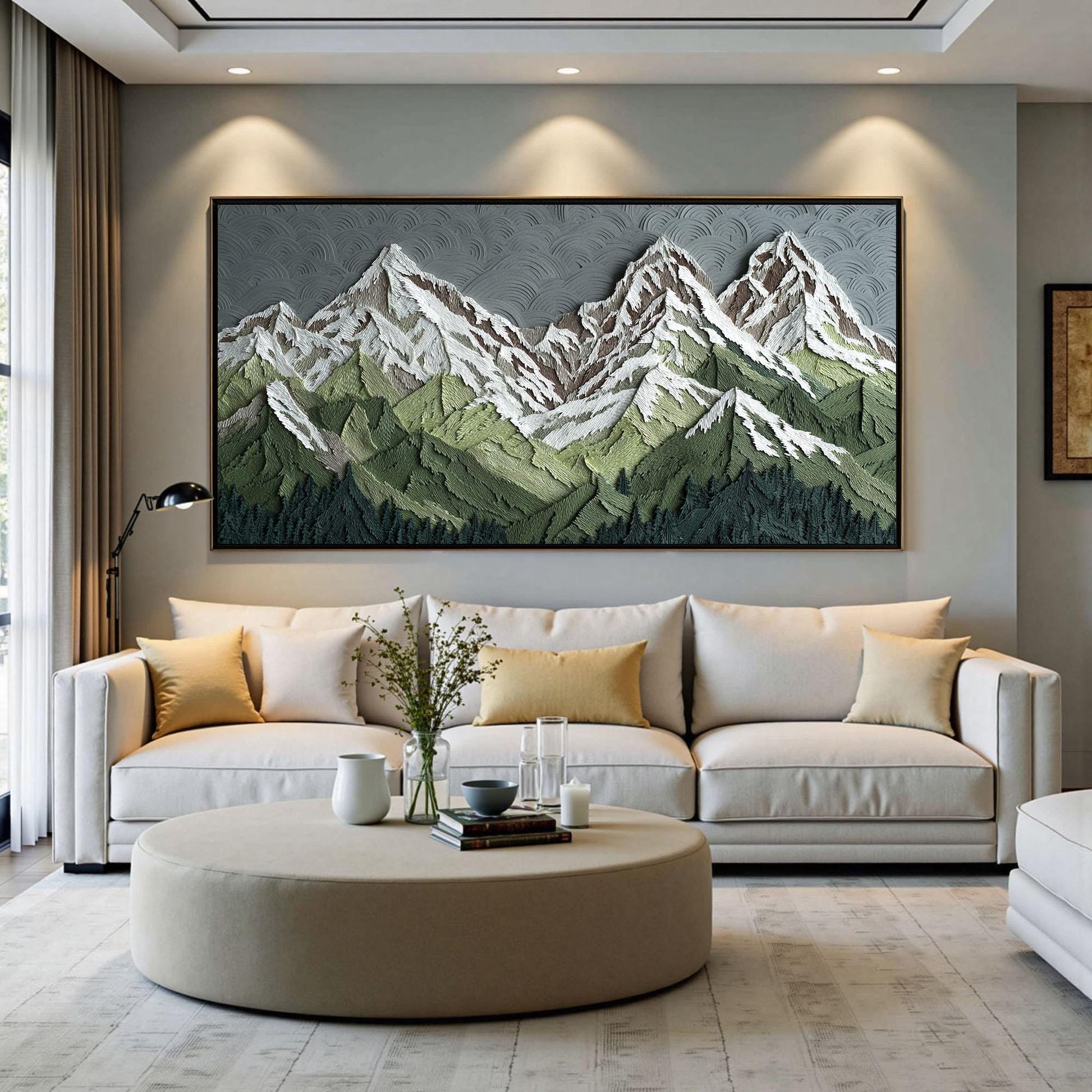 Textured Peaks Landscape Oil Painting, Abstract Mountain Canvas Art, Framed Wall Decor – Green Valley Landscape Wall Art | Ab