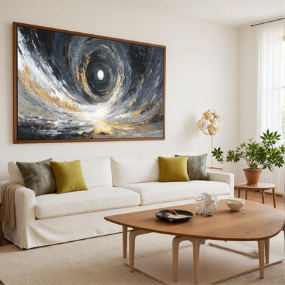Abstract Black Gold Vortex Painting, Textured Cosmic Canvas Wall Art – Gold and Black Abstract Wall Art | Impasto Painting, v