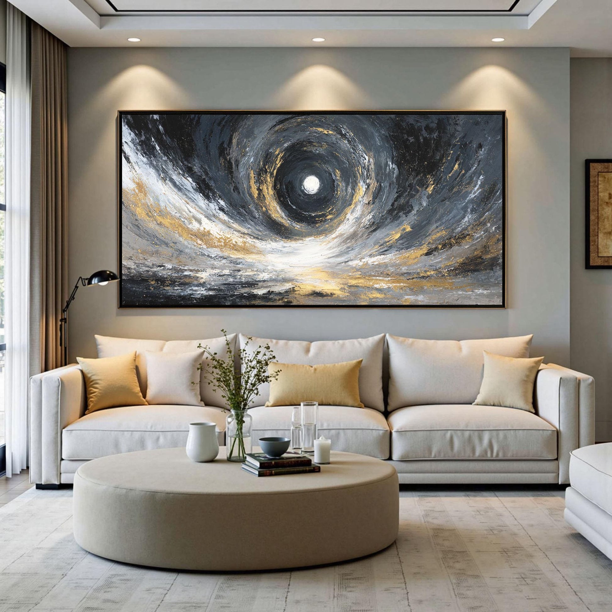 Abstract Black Gold Vortex Painting, Textured Cosmic Canvas Wall Art – Gold and Black Abstract Wall Art | Impasto Painting, v