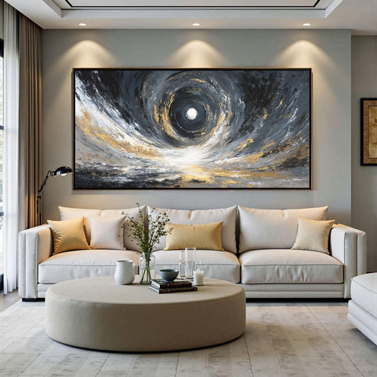 Abstract Black Gold Vortex Painting, Textured Cosmic Canvas Wall Art – Gold and Black Abstract Wall Art | Impasto Painting, v