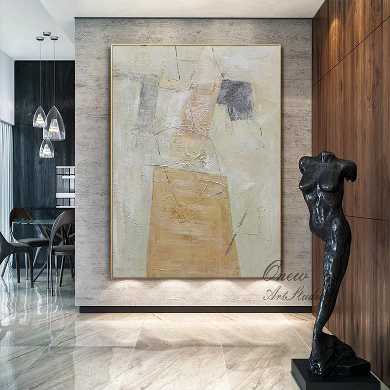 Beige and Yellow Abstract Canvas Wall Art, Original Geometric Oil Painting on Canvas, Modern Minimalist Textured Wall Art for Living Room