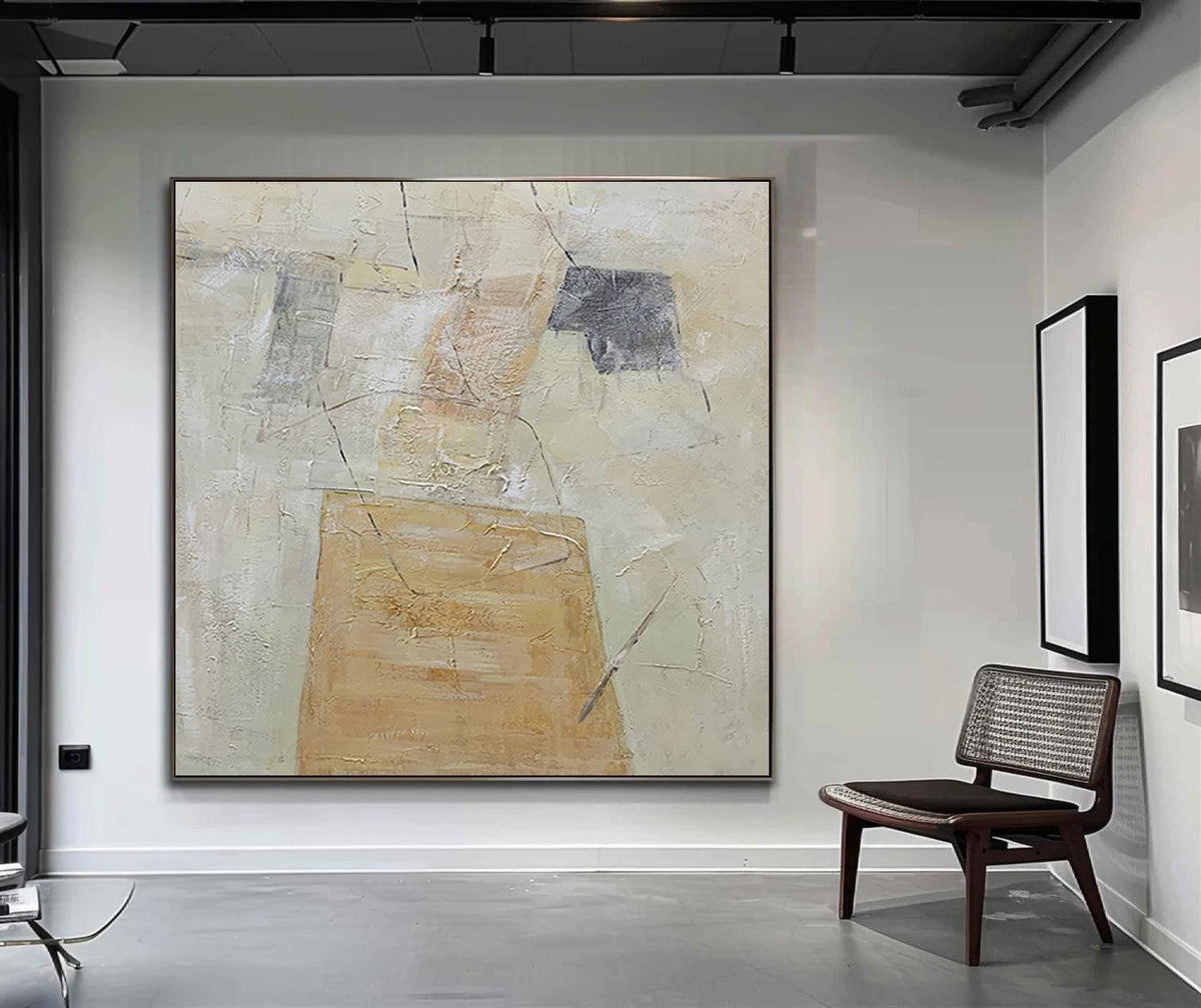 Beige and Yellow Abstract Canvas Wall Art, Original Geometric Oil Painting on Canvas, Modern Minimalist Textured Wall Art for Living Room