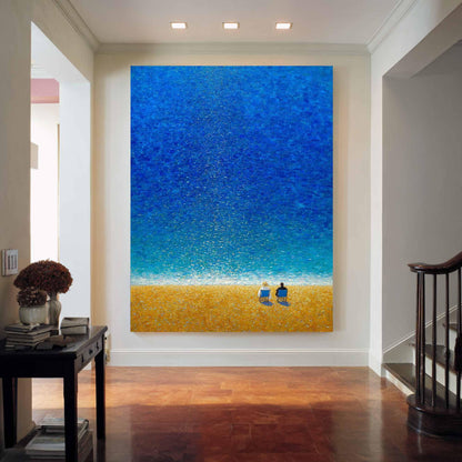 Two Figures Beach Wall Art Blue Ocean Canvas Painting for Coastal Living Room Decor