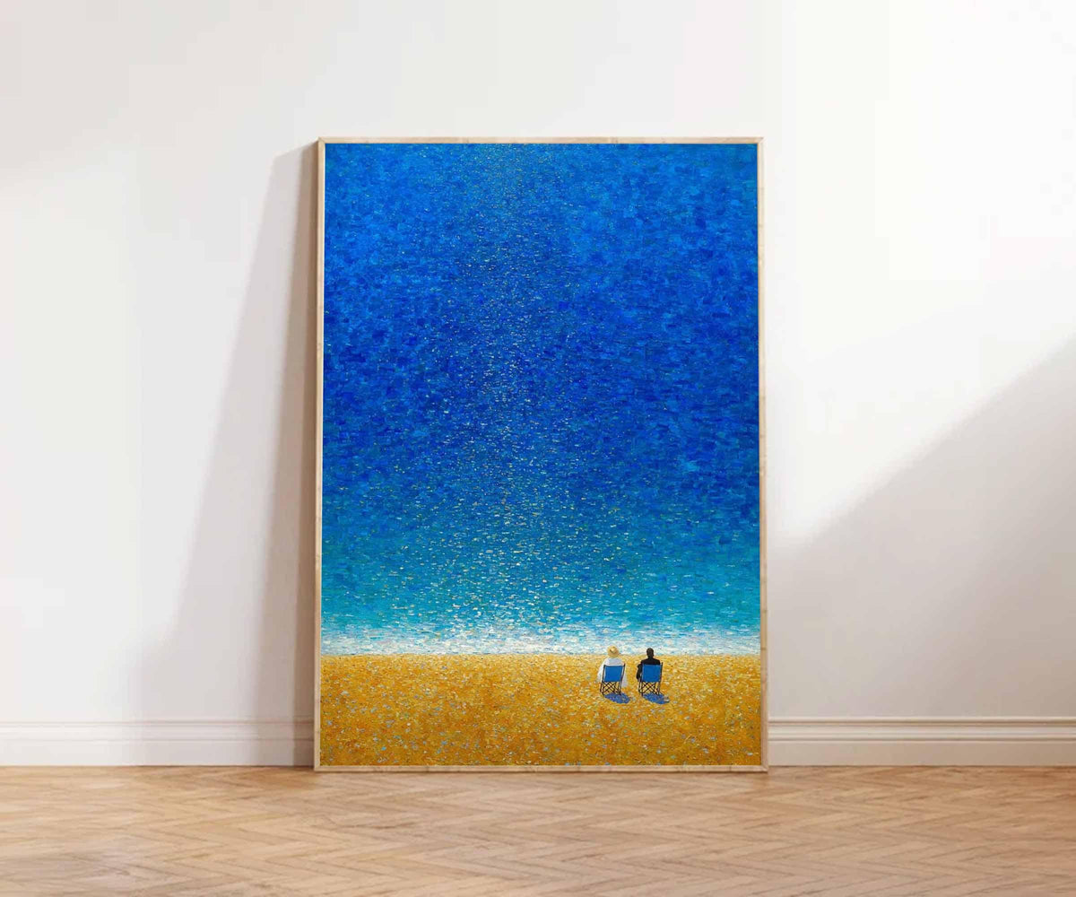 Two Figures Beach Wall Art Blue Ocean Canvas Painting for Coastal Living Room Decor