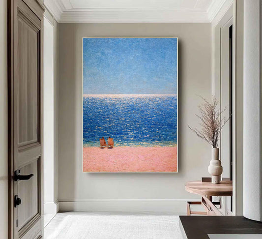 Blue Beach Seascape Wall Art Pink Sand Ocean Canvas Painting for Coastal Bathroom Decor