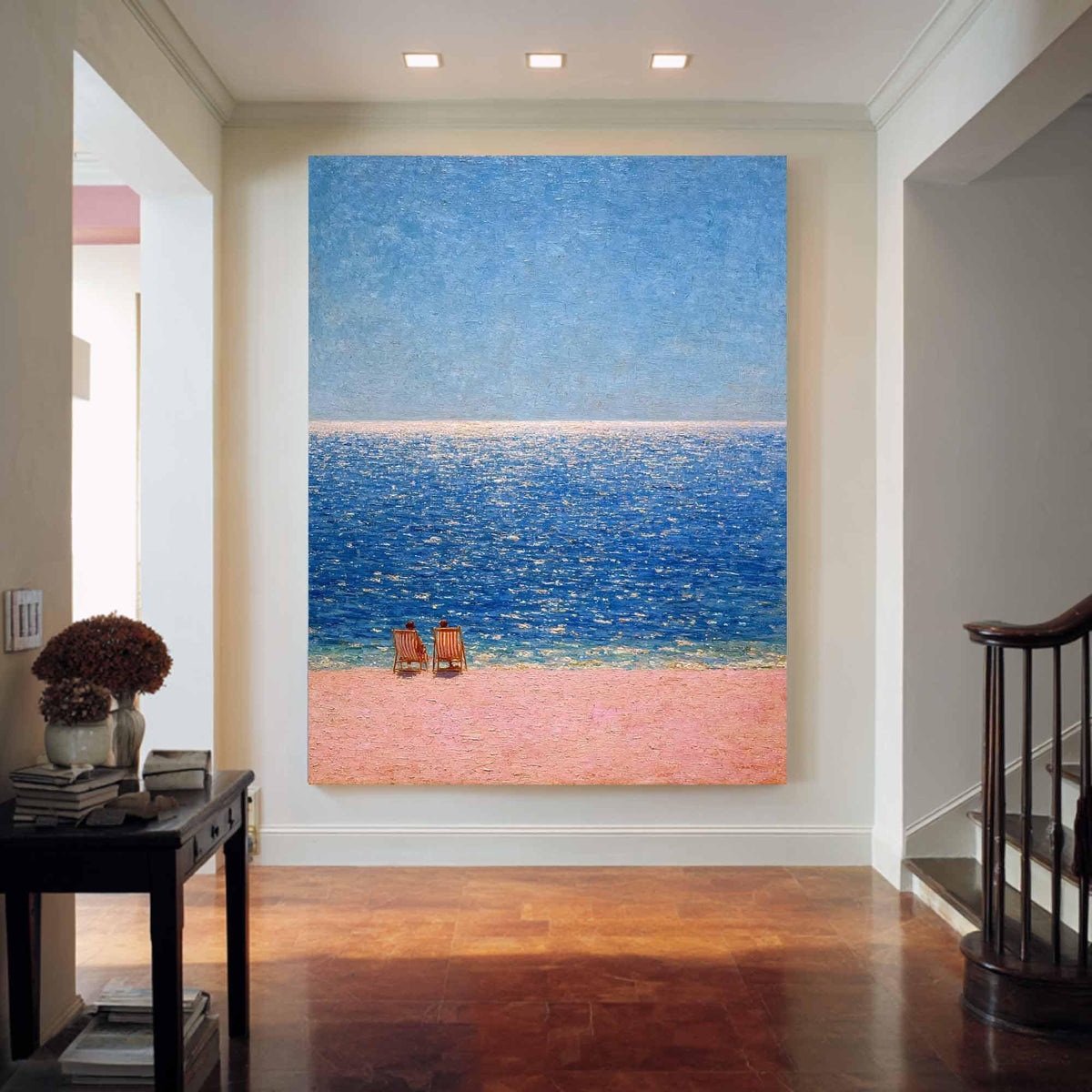Blue Beach Seascape Wall Art Pink Sand Ocean Canvas Painting for Coastal Bathroom Decor