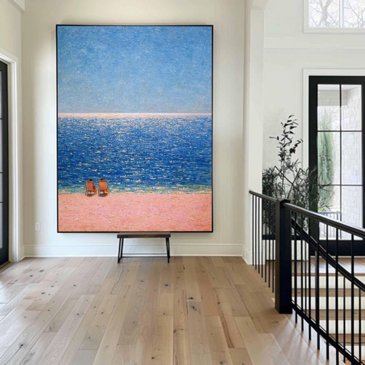 Blue Beach Seascape Wall Art Pink Sand Ocean Canvas Painting for Coastal Bathroom Decor