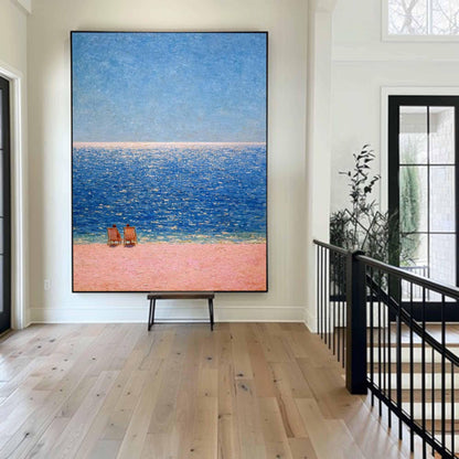 Blue Beach Seascape Wall Art Pink Sand Ocean Canvas Painting for Coastal Bathroom Decor