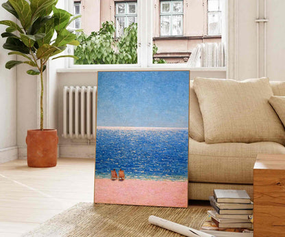 Blue Beach Seascape Wall Art Pink Sand Ocean Canvas Painting for Coastal Bathroom Decor