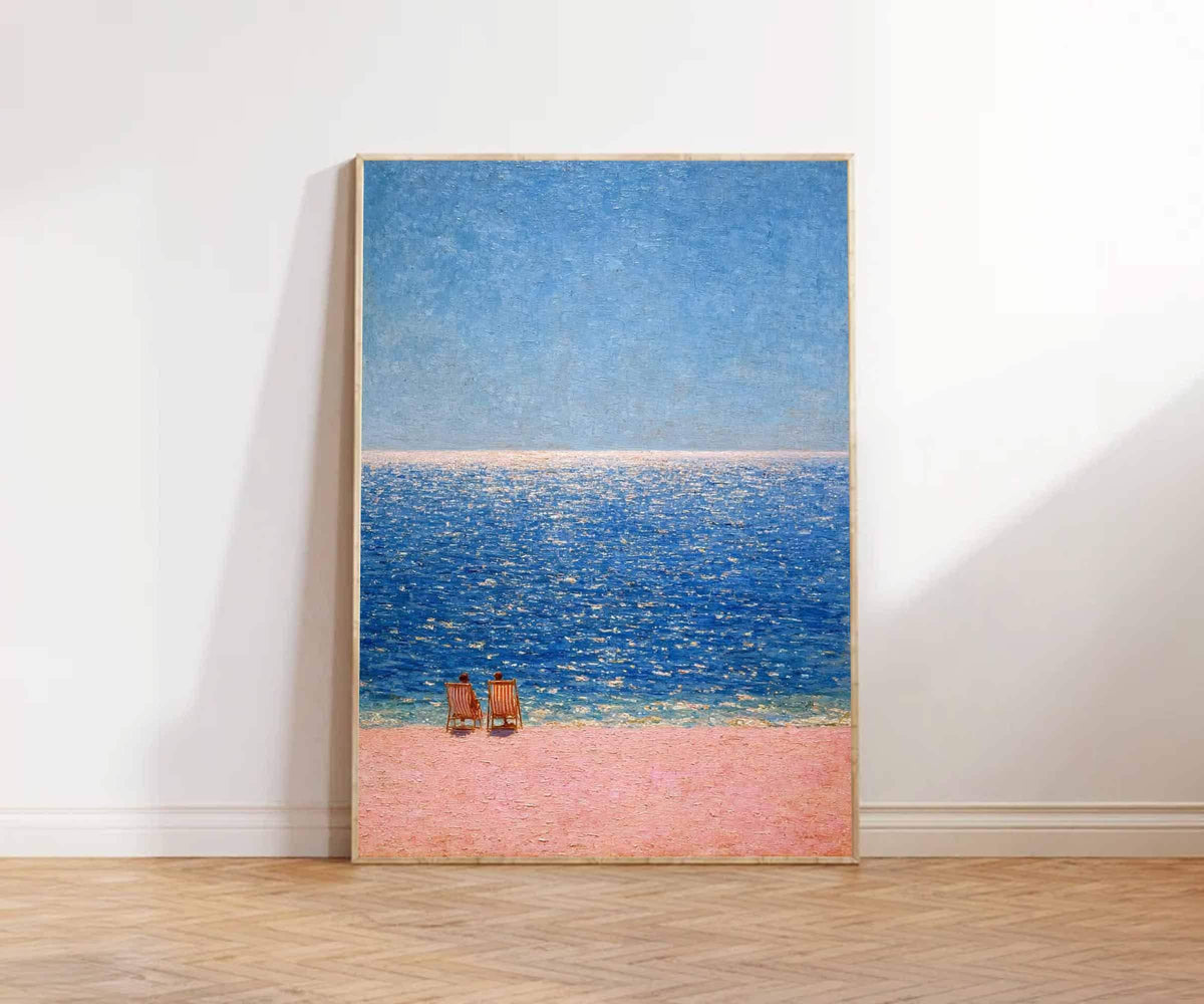 Blue Beach Seascape Wall Art Pink Sand Ocean Canvas Painting for Coastal Bathroom Decor