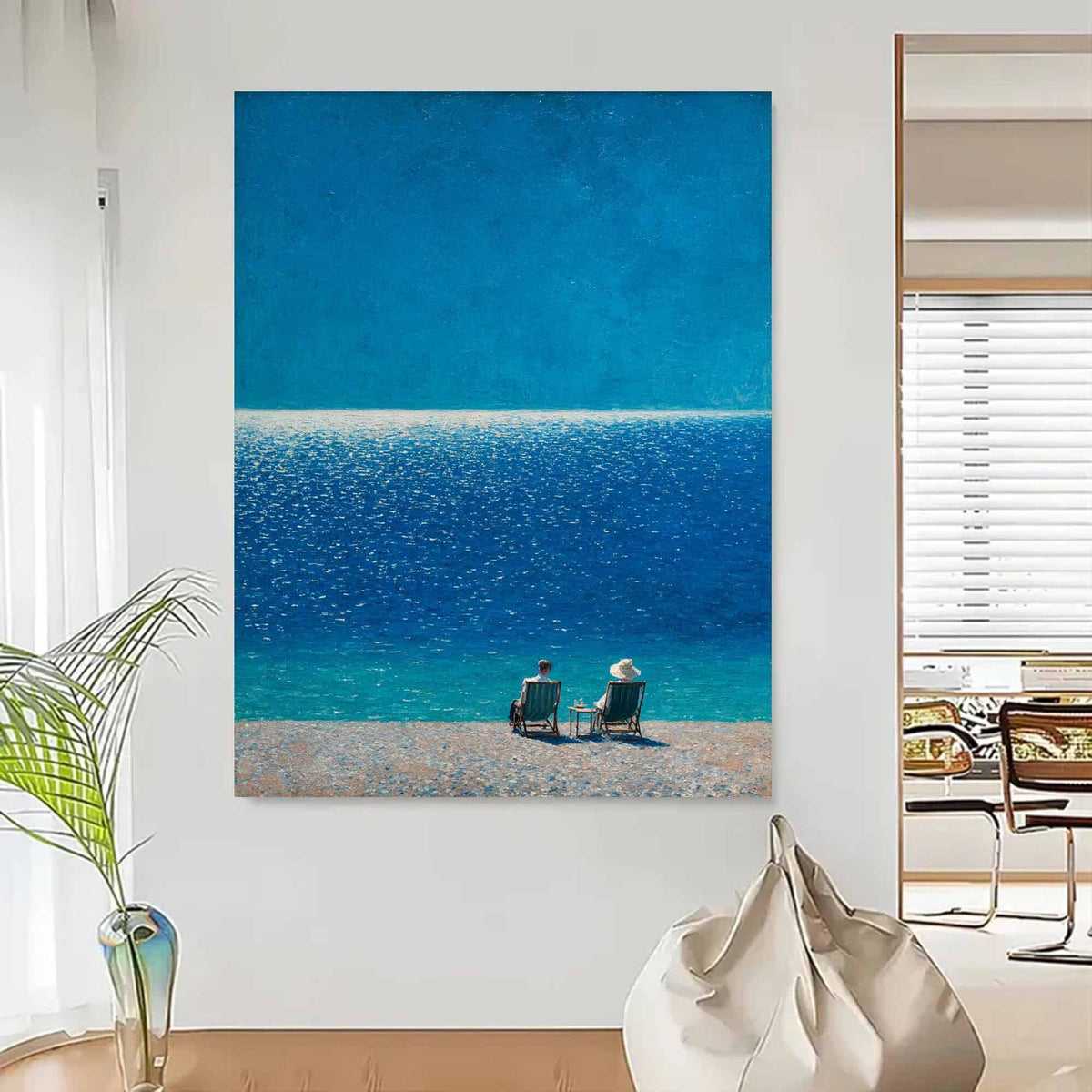 Seated Figures Ocean View Wall Art Deep Blue Canvas Painting for Coastal Bedroom Decor