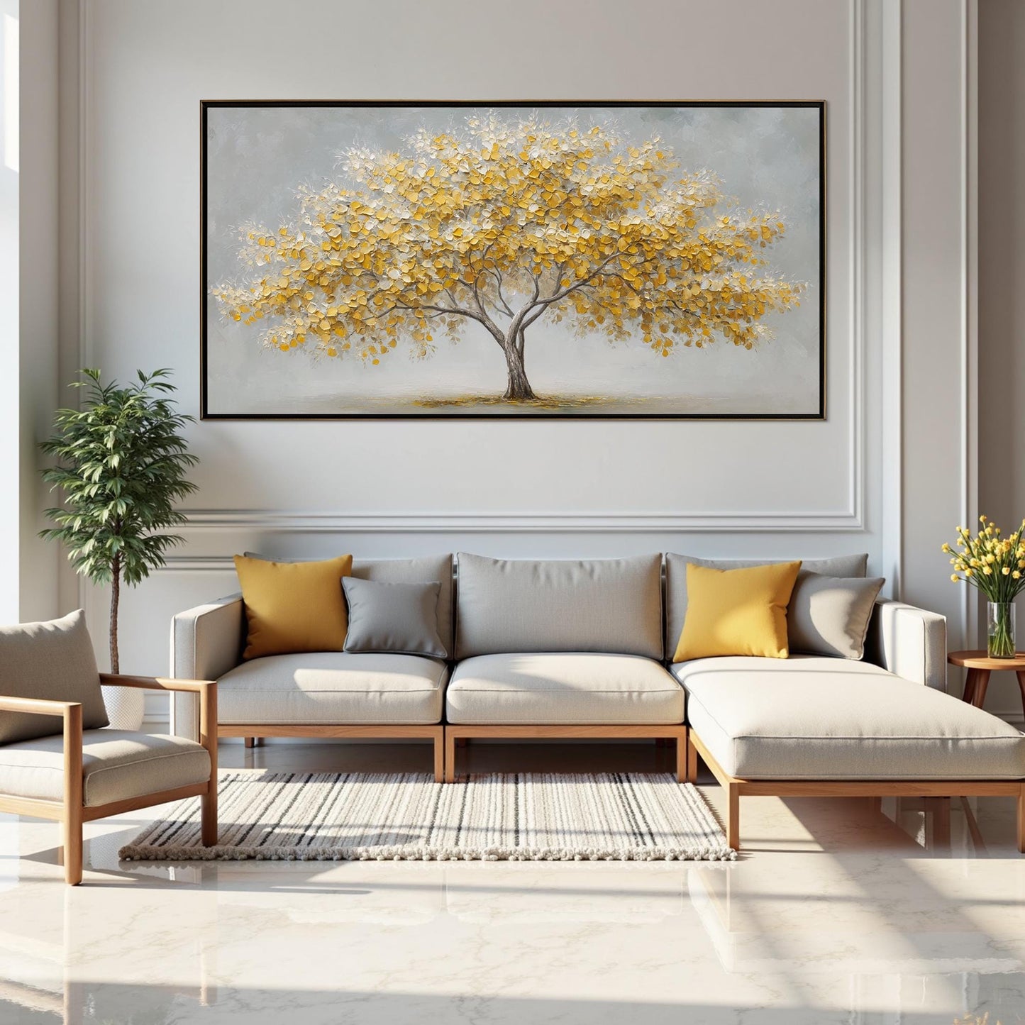 Abstract Yellow Tree Painting On Canvas, Textured Nature Wall Art – Gold and Yellow Tree Wall Art | Abstract Textured Paintin