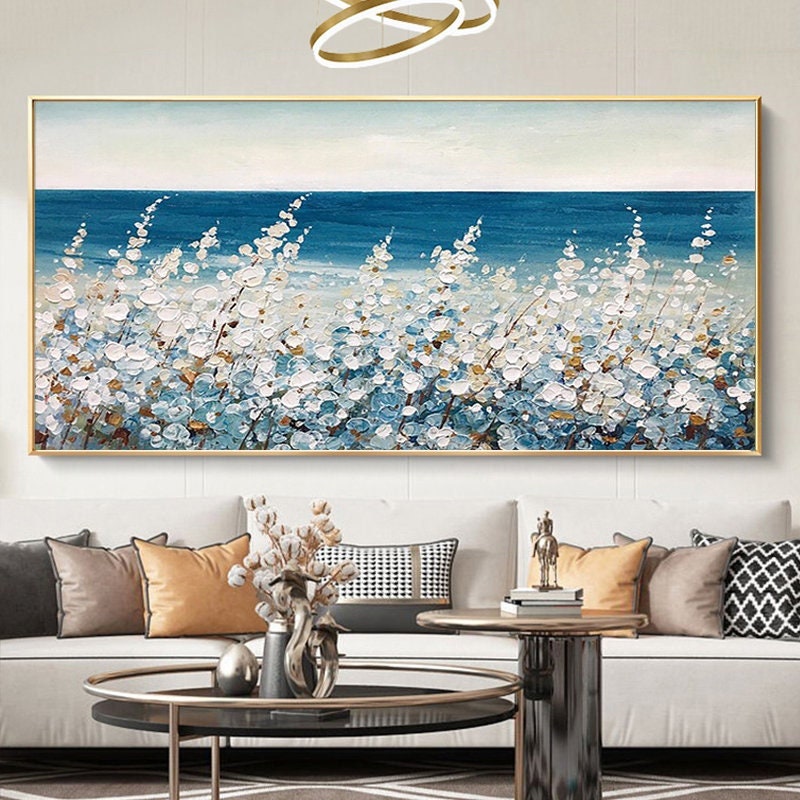 Blue Boho Impasto Floral Wall Art – Original Flower Oil Painting