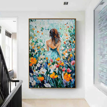 Impasto Oil Painting, Woman in Flower Field, Textured Garden Landscape, Romantic Wall Art – Colorful Field Landscape Wall Art