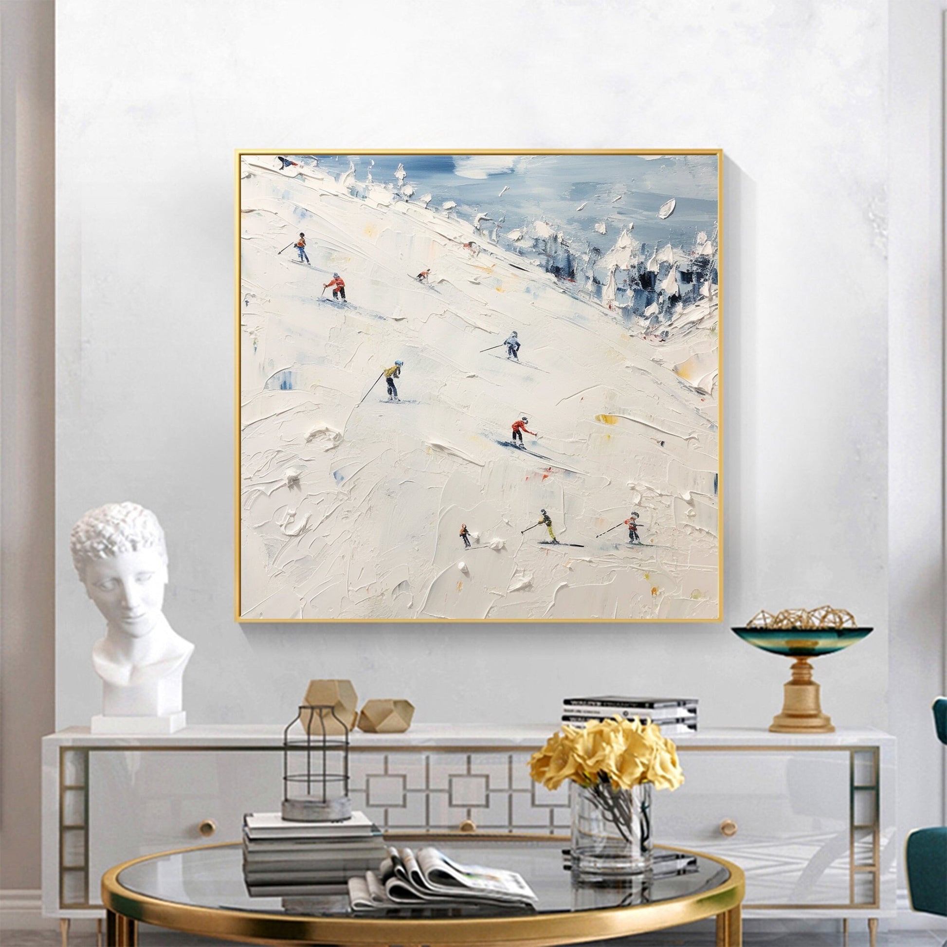 Ski Sport – White Abstract Wall Art | Hand-Painted Oil Painting, view 1
