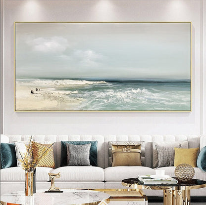 Sandy Beach – Blue and White Beach Seascape Wall Art | Abstract Oil Painting, view 1
