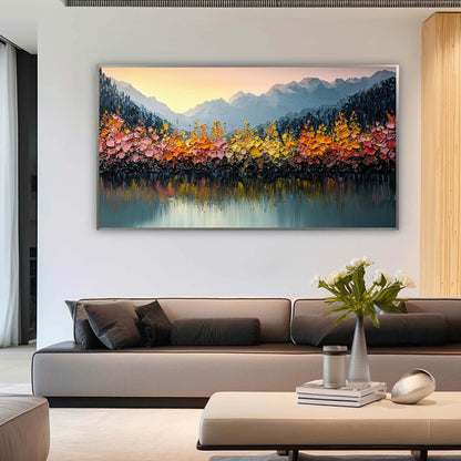 Original – Orange and Yellow Lake Landscape Wall Art | Impasto Hand-Painted Painting, view 1