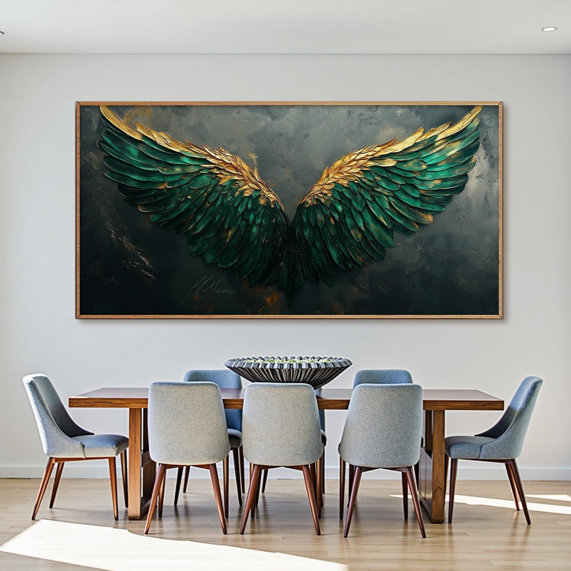Emerald Green Gold Angel Wings – Emerald and Green Abstract 3D Texture Wall Art | Impasto Hand-Painted Painting, view 1