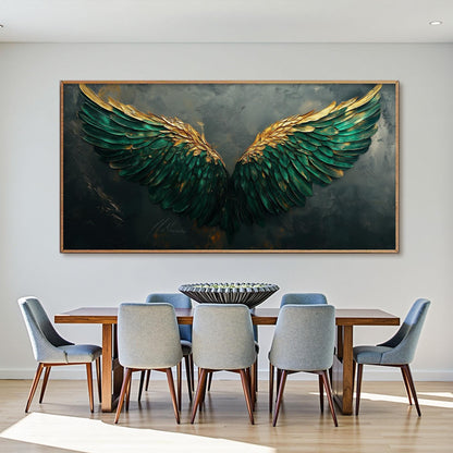 Emerald Green Gold Angel Wings – Emerald and Green Abstract 3D Texture Wall Art | Impasto Hand-Painted Painting, view 1